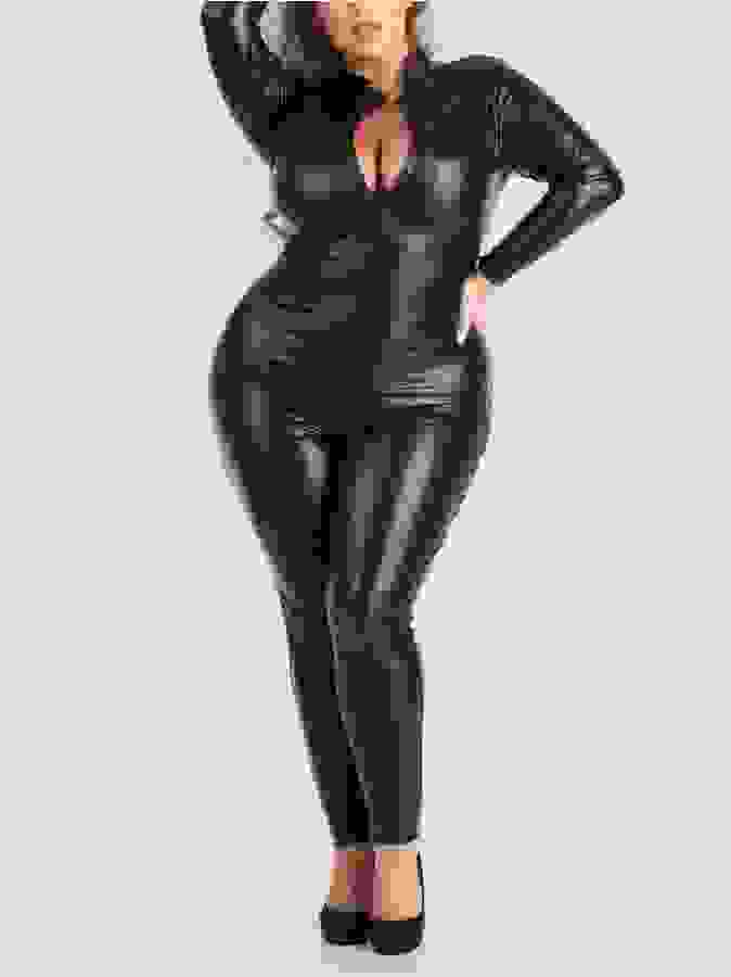 Lovehoney Plus Size Fierce Wet Look Zipper Catsuit, Black, hi-res